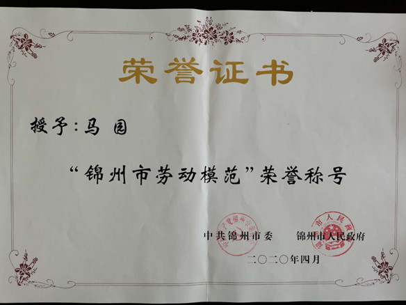 錦州九游会·(j9)官方能源有限公司國內銷售部總監馬園獲錦州市勞動模範